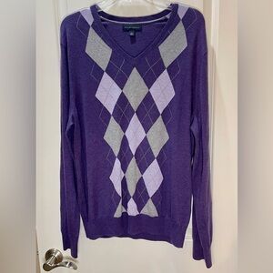 Banana Republic Sweater Purple Silk & Cashmere Blend Argyle V-Neck Size L